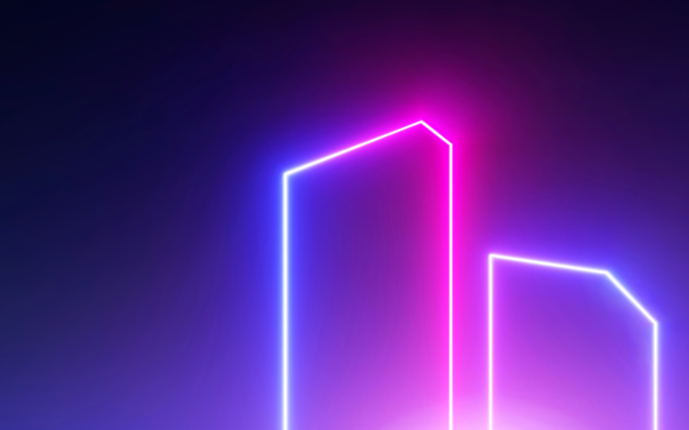 blaue, pinke und lila Neon-Formen vor Nachthimmel