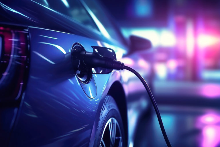 Elektro Auto ist eingesteckt und lädt vor futuristischer Kulisse