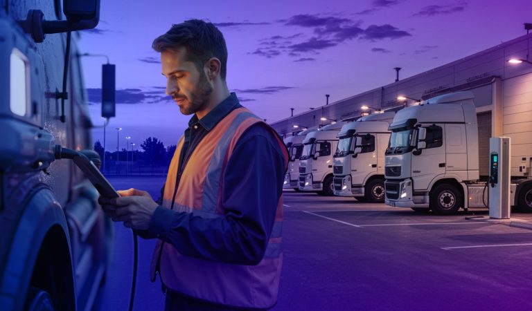 Eine Person in einem Logistikdepot lädt einen elektrischen LKW